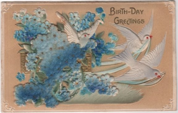 Heavy Embossed Birthday Greetings Postcard Doves and Forget-me-nots Heavy Embossed Birthday Greetings Postcard Doves and Forget-me-nots