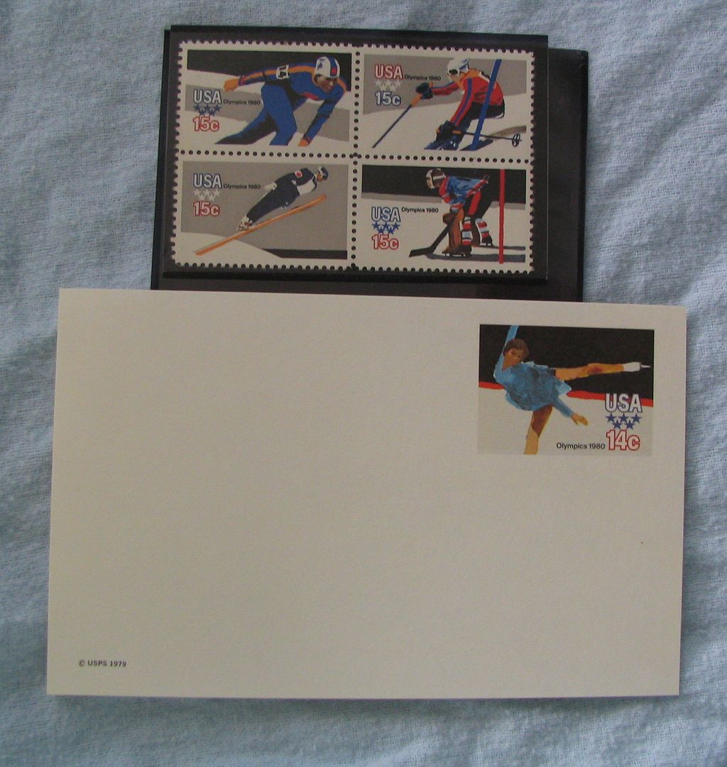 1980 Olympics US Plate Block and Stamped Postcard 1980 Olympics US Plate Block and Stamped Postcard