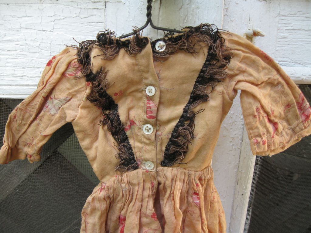 Antique Handmade Peach Floral Doll Gown~For Bisque,19th C. Antique Handmade Peach Floral Doll Gown~For Bisque,19th C.