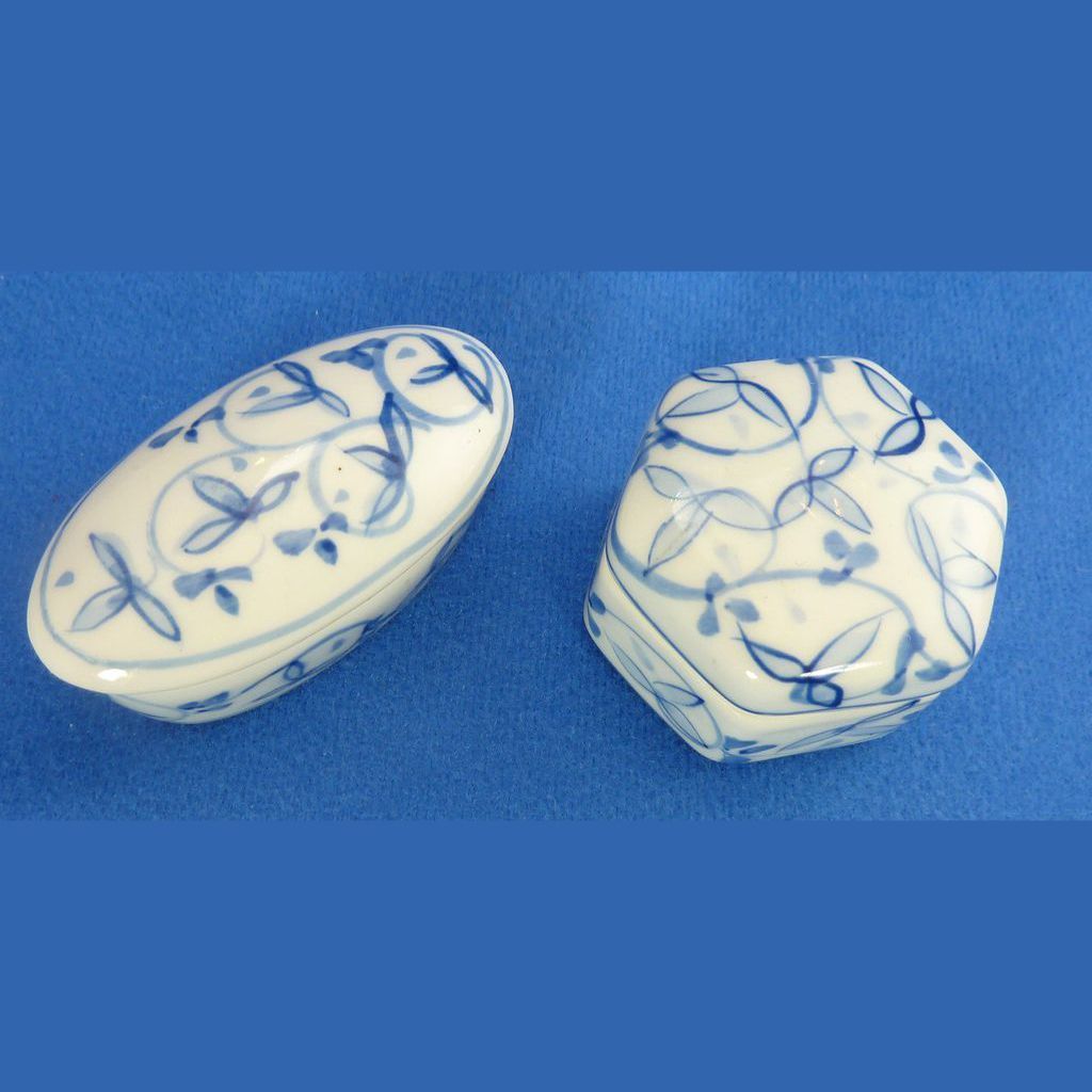 Two Porcelain China White and Blue Trinket Box Boxes Two Porcelain China White and Blue Trinket Box Boxes