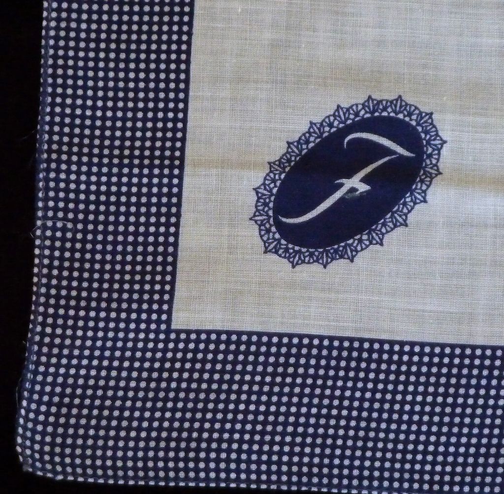 "F" Initial on White with Navy Blue Border Linen Handkerchief Hanky "F" Initial on White with Navy Blue Border Linen Handkerchief Hanky