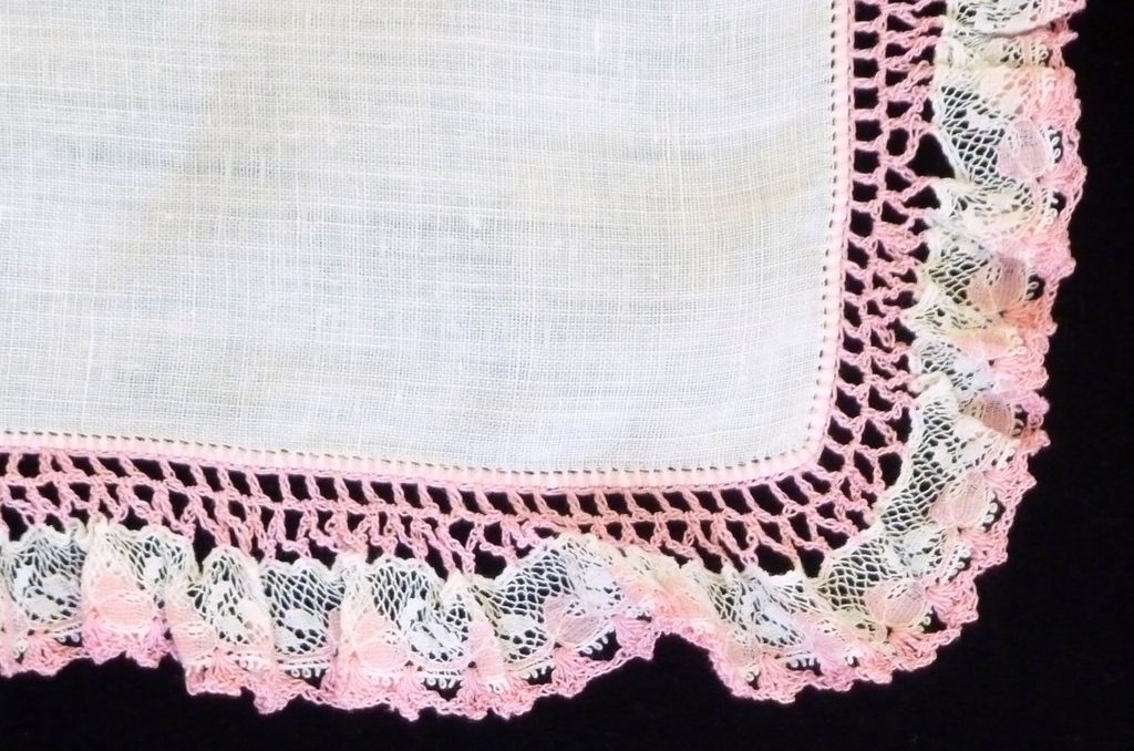 White Linen with Pink Lace and Crochet Edge Handkerchief Hanky White Linen with Pink Lace and Crochet Edge Handkerchief Hanky