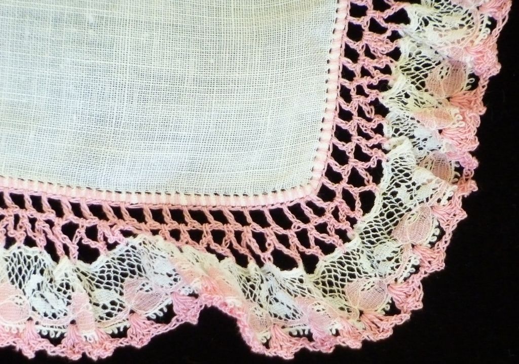 White Linen with Pink Lace and Crochet Edge Handkerchief Hanky White Linen with Pink Lace and Crochet Edge Handkerchief Hanky