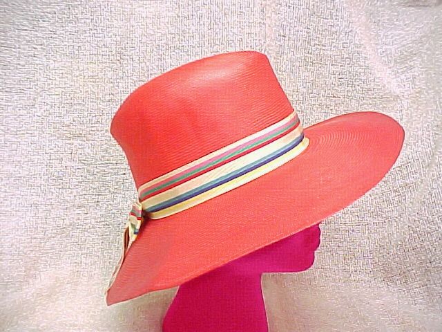 Straw Hat Fabiani New York Broad Brim Tangelo Orange Multi-Color Band Vintage 1960s Designer Straw Hat Fabiani New York Broad Brim Tangelo Orange Multi-Color Band Vintage 1960s Designer