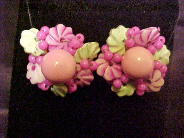 Earrings Hong Kong Pink Green Floral Signed Vintage Jewelry Earrings Hong Kong Pink Green Floral Signed Vintage Jewelry