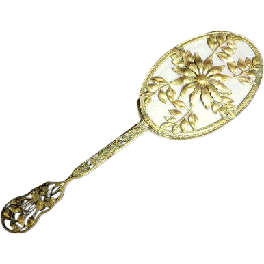 Vintage signed Apollo luxury hand mirror ormolu frame pierced floral handle Vintage signed Apollo luxury hand mirror ormolu frame pierced floral handle