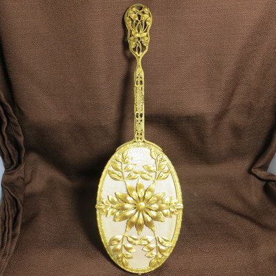 Vintage signed Apollo luxury hand mirror ormolu frame pierced floral handle Vintage signed Apollo luxury hand mirror ormolu frame pierced floral handle