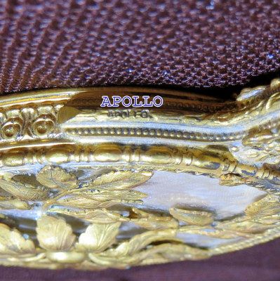 Vintage signed Apollo luxury hand mirror ormolu frame pierced floral handle Vintage signed Apollo luxury hand mirror ormolu frame pierced floral handle