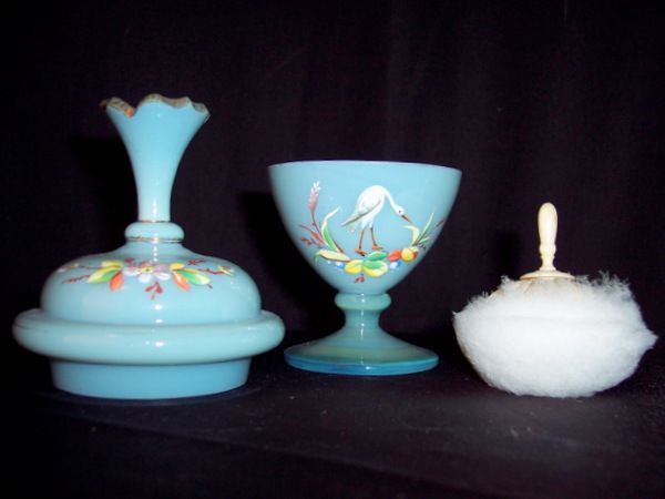 Antique opaque glass box powder box powder dish Swansdown powder puff Antique opaque glass box powder box powder dish Swansdown powder puff