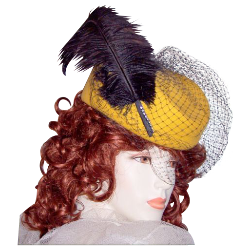 Vintage hat mustard yellow wool 1930's huge black ostrich feather trim Vintage hat mustard yellow wool 1930's huge black ostrich feather trim