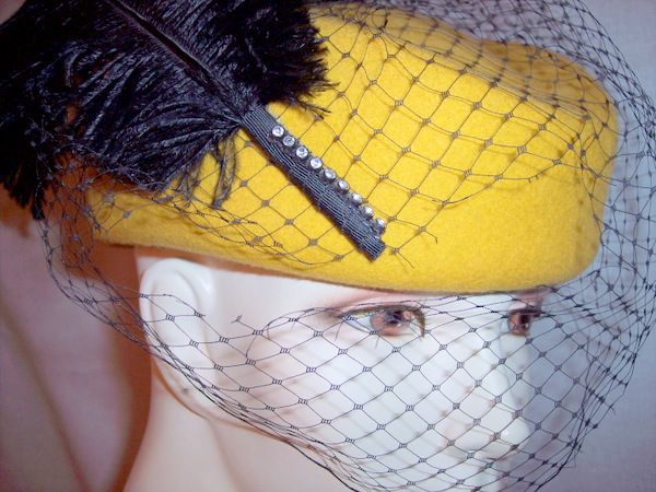 Vintage hat mustard yellow wool 1930's huge black ostrich feather trim Vintage hat mustard yellow wool 1930's huge black ostrich feather trim