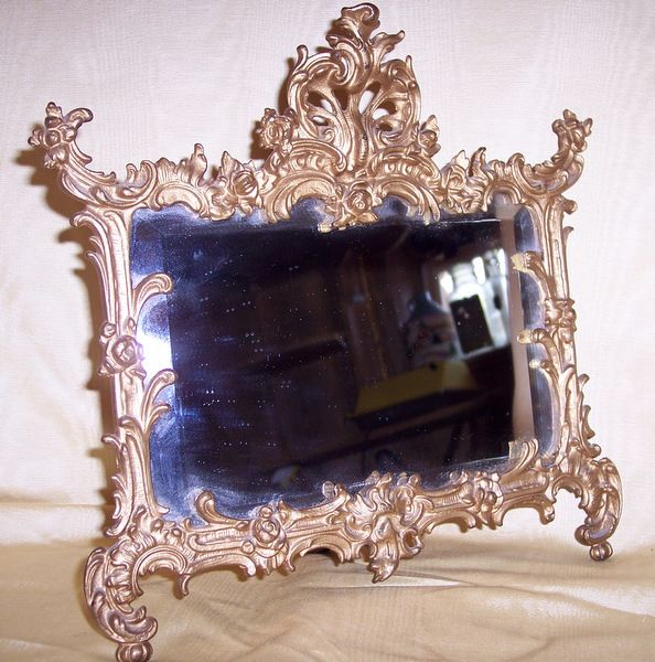 Antique Victorian luxury easel back ornate beveled table mirror Antique Victorian luxury easel back ornate beveled table mirror