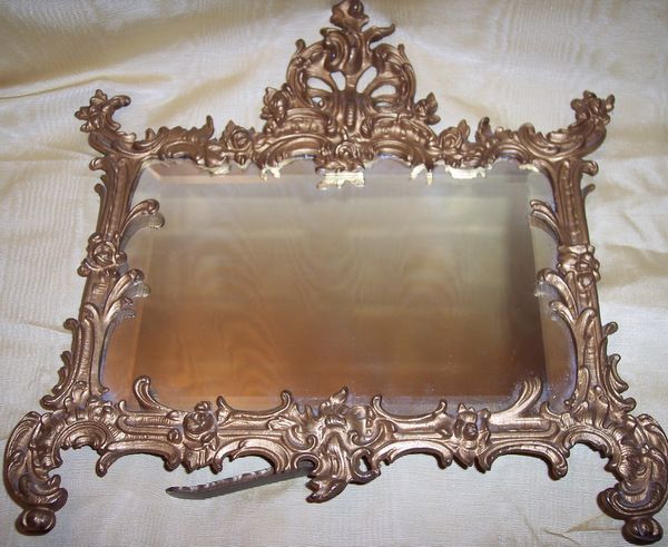 Antique Victorian luxury easel back ornate beveled table mirror Antique Victorian luxury easel back ornate beveled table mirror