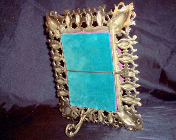 Antique ornate easel back brass frame make do perfect to display jewelry and more Antique ornate easel back brass frame make do perfect to display jewelry and more