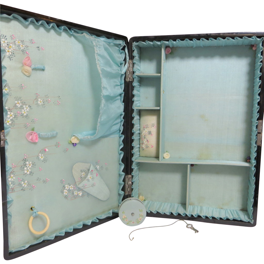 Vintage sewing box hand painted ruffled lining with original tape measure Vintage sewing box hand painted ruffled lining with original tape measure