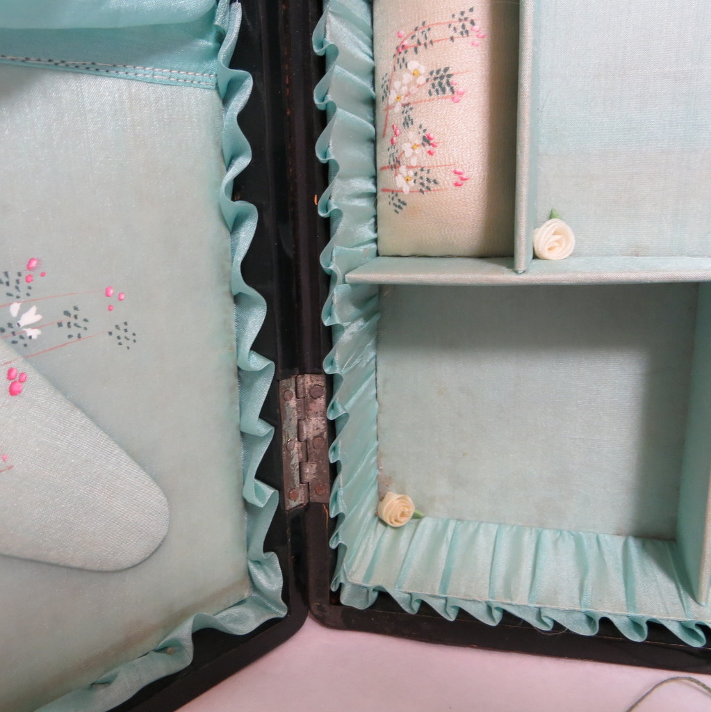 Vintage sewing box hand painted ruffled lining with original tape measure Vintage sewing box hand painted ruffled lining with original tape measure