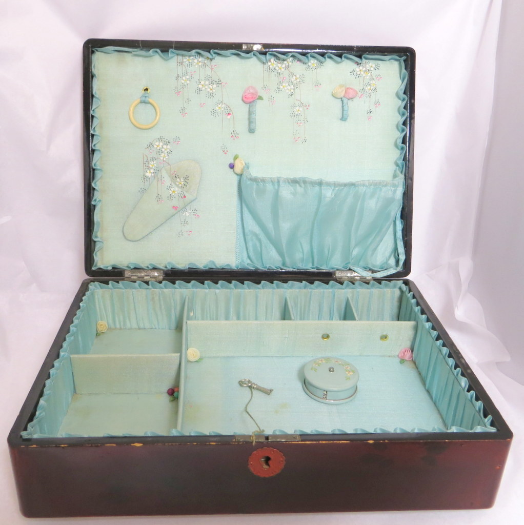 Vintage sewing box hand painted ruffled lining with original tape measure Vintage sewing box hand painted ruffled lining with original tape measure