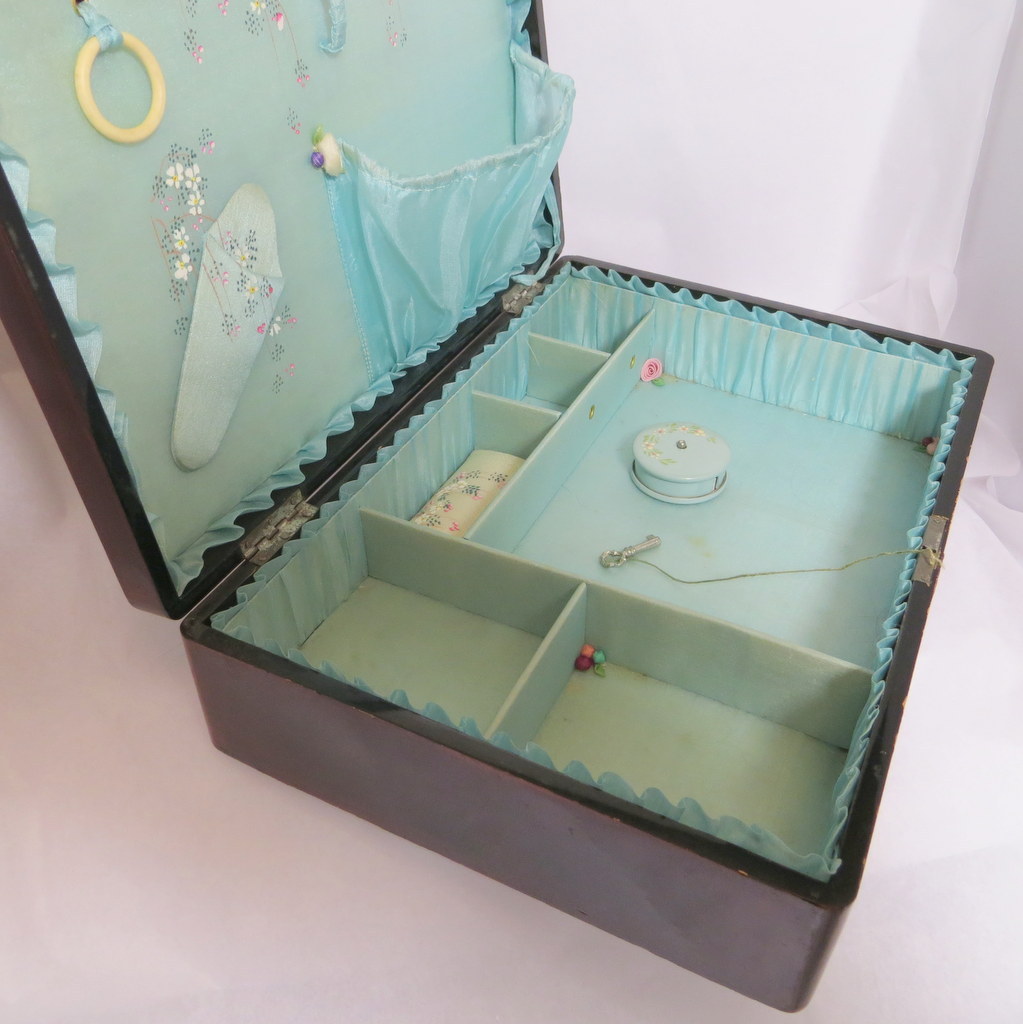 Vintage sewing box hand painted ruffled lining with original tape measure Vintage sewing box hand painted ruffled lining with original tape measure