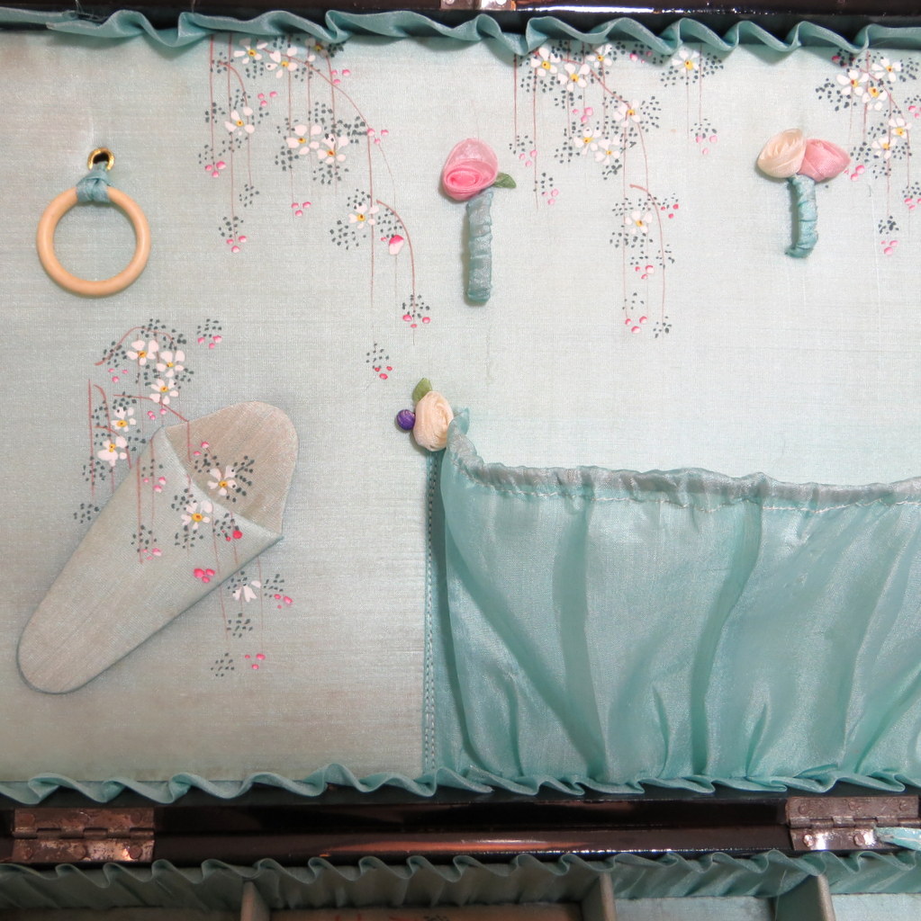Vintage sewing box hand painted ruffled lining with original tape measure Vintage sewing box hand painted ruffled lining with original tape measure