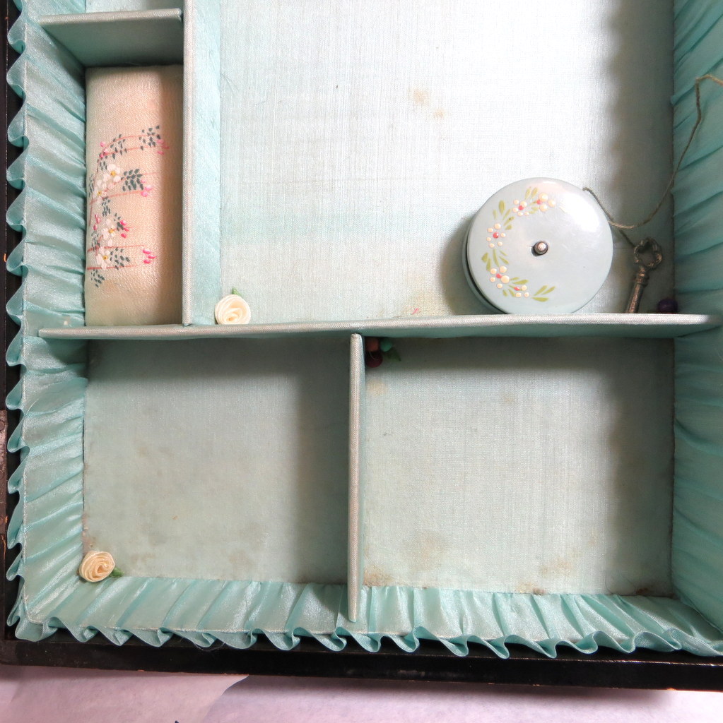 Vintage sewing box hand painted ruffled lining with original tape measure Vintage sewing box hand painted ruffled lining with original tape measure
