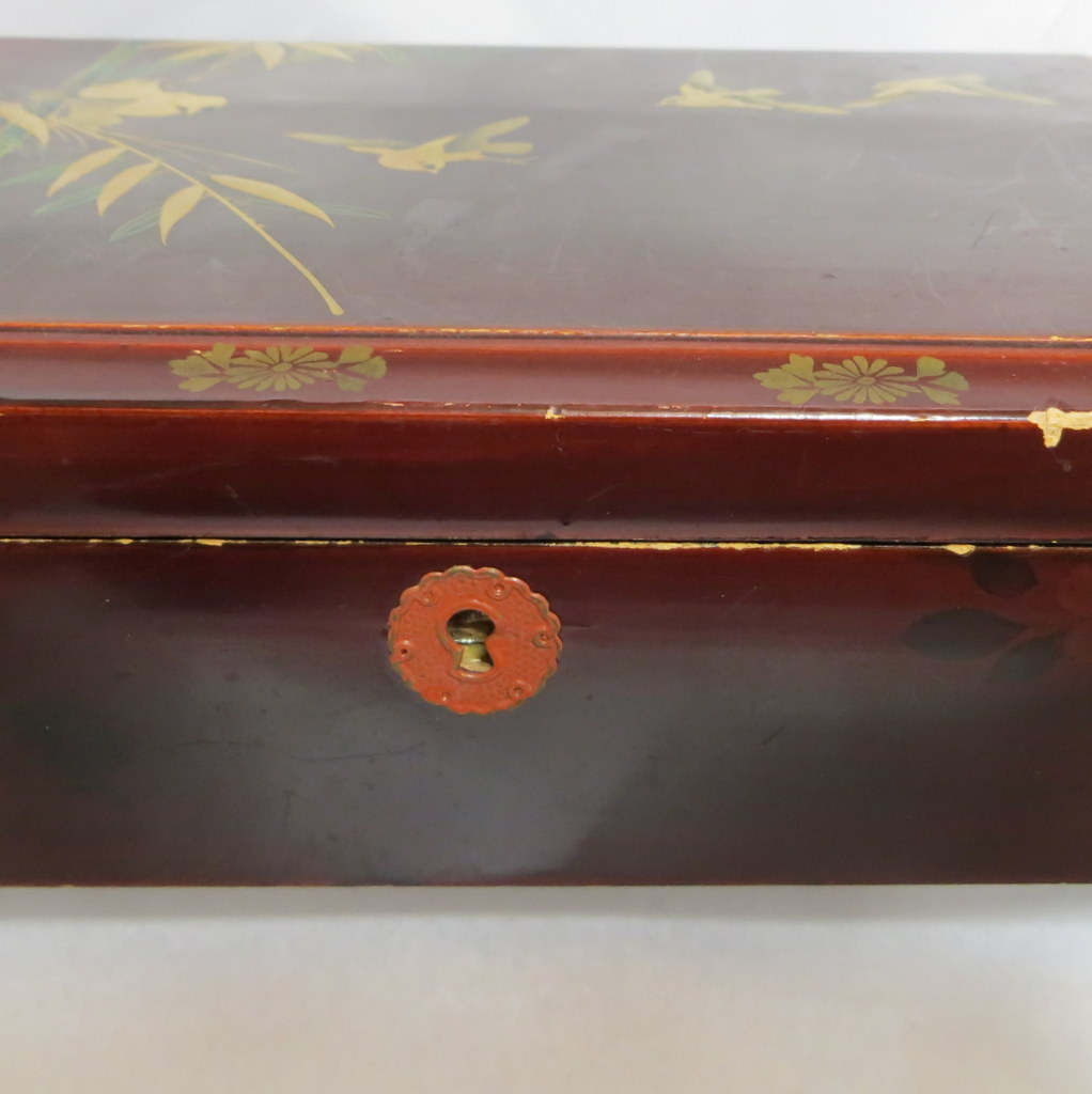 Vintage sewing box hand painted ruffled lining with original tape measure Vintage sewing box hand painted ruffled lining with original tape measure