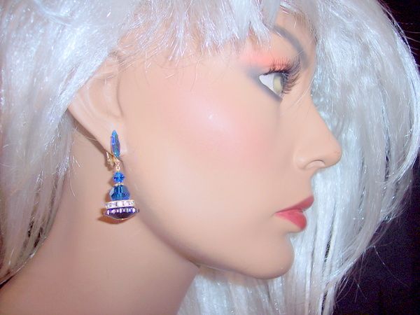 Vintage Peacock blue Lewis Segal earrings bicones and roundels Vintage Peacock blue Lewis Segal earrings bicones and roundels