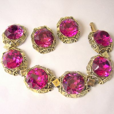 Vintage Hot Pink major bling chunky bracelet earrings Linda Caricofe collection Vintage Hot Pink major bling chunky bracelet earrings Linda Caricofe collection
