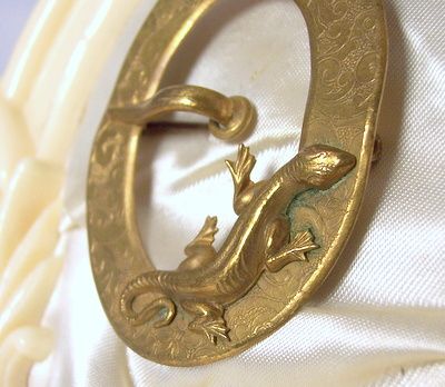 Large Antique Victorian buckle brooch with lizard serpent snake Large Antique Victorian buckle brooch with lizard serpent snake