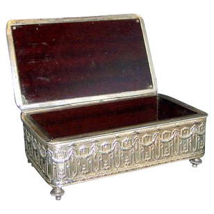 Large vintage ornate silverplate jewelry casket box country scene Bakelite lining Large vintage ornate silverplate jewelry casket box country scene Bakelite lining