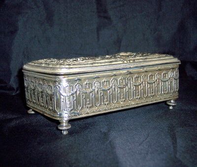 Large vintage ornate silverplate jewelry casket box country scene Bakelite lining Large vintage ornate silverplate jewelry casket box country scene Bakelite lining