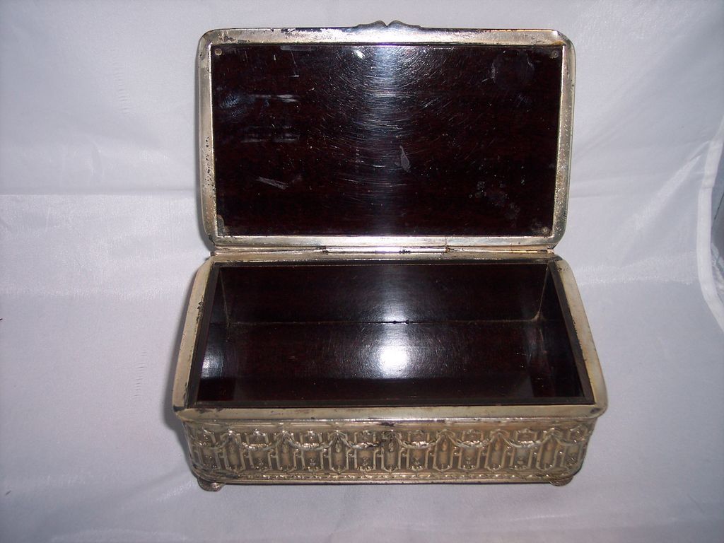 Large vintage ornate silverplate jewelry casket box country scene Bakelite lining Large vintage ornate silverplate jewelry casket box country scene Bakelite lining