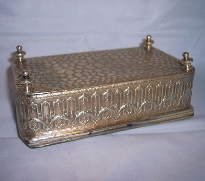 Large vintage ornate silverplate jewelry casket box country scene Bakelite lining Large vintage ornate silverplate jewelry casket box country scene Bakelite lining
