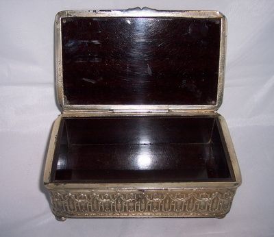 Large vintage ornate silverplate jewelry casket box country scene Bakelite lining Large vintage ornate silverplate jewelry casket box country scene Bakelite lining