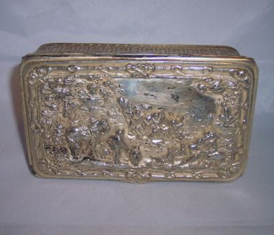 Large vintage ornate silverplate jewelry casket box country scene Bakelite lining Large vintage ornate silverplate jewelry casket box country scene Bakelite lining