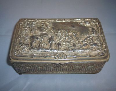Large vintage ornate silverplate jewelry casket box country scene Bakelite lining Large vintage ornate silverplate jewelry casket box country scene Bakelite lining