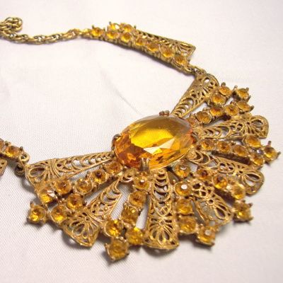 Vintage costume jewelry early 1900's ornate filigree yellow glass luxury necklace Vintage costume jewelry early 1900's ornate filigree yellow glass luxury necklace