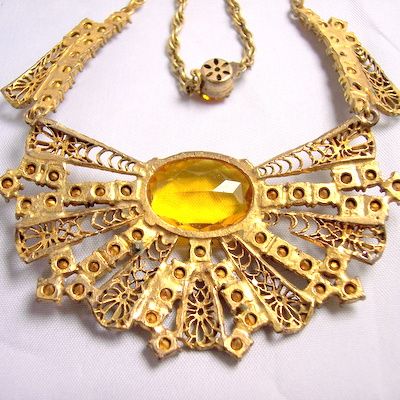 Vintage costume jewelry early 1900's ornate filigree yellow glass luxury necklace Vintage costume jewelry early 1900's ornate filigree yellow glass luxury necklace