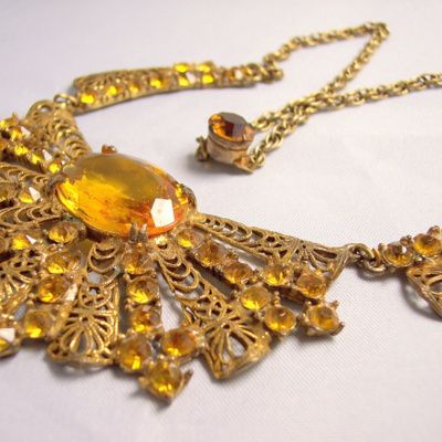 Vintage costume jewelry early 1900's ornate filigree yellow glass luxury necklace Vintage costume jewelry early 1900's ornate filigree yellow glass luxury necklace
