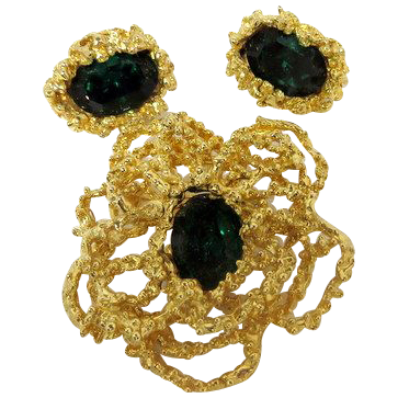 Vintage costume jewelry large golden-nugget design brooch pendant earrings Vintage costume jewelry large golden-nugget design brooch pendant earrings