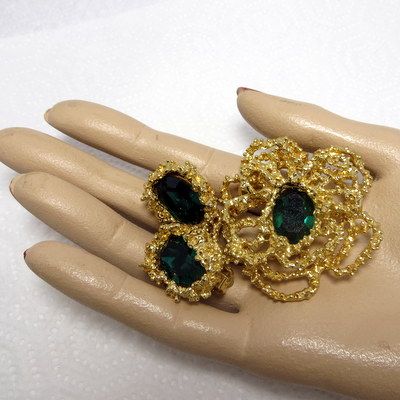 Vintage costume jewelry large golden-nugget design brooch pendant earrings Vintage costume jewelry large golden-nugget design brooch pendant earrings