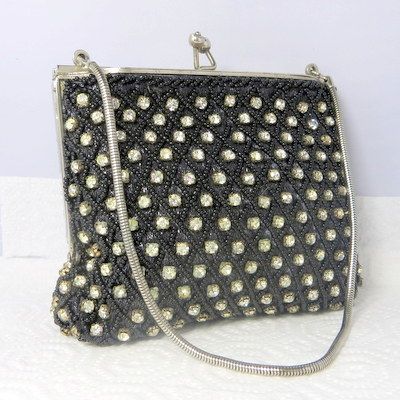 Vintage minaudiere purse hand set rhinestones on black fabulous major bling Vintage minaudiere purse hand set rhinestones on black fabulous major bling