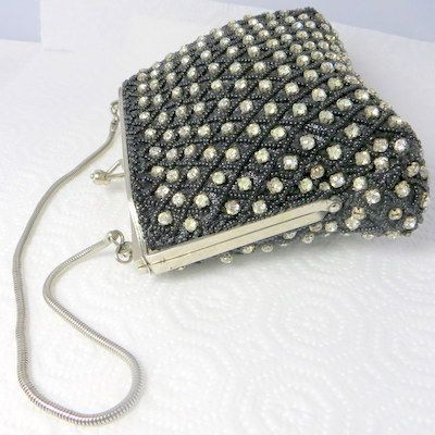 Vintage minaudiere purse hand set rhinestones on black fabulous major bling Vintage minaudiere purse hand set rhinestones on black fabulous major bling