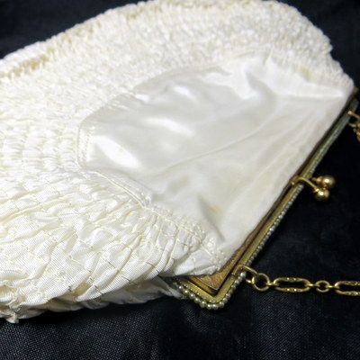 Early vintage faux seed pearls delicate ruched silk purse minaudiere Early vintage faux seed pearls delicate ruched silk purse minaudiere