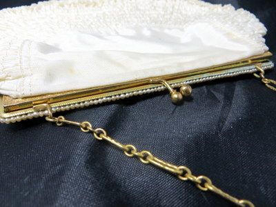 Early vintage faux seed pearls delicate ruched silk purse minaudiere Early vintage faux seed pearls delicate ruched silk purse minaudiere