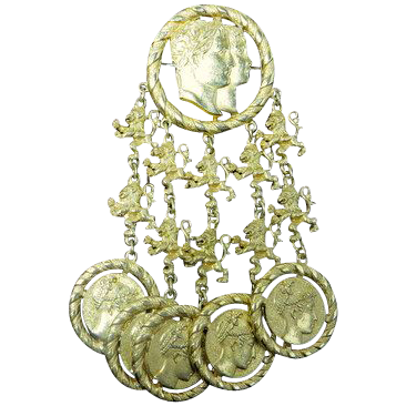 Vintage Monet jewelry royal lions cameo profile coins 4 inch swag brooch Vintage Monet jewelry royal lions cameo profile coins 4 inch swag brooch