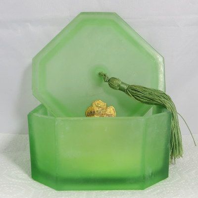 Vintage satin glass depression glass powder jar box with puff and tassel Vintage satin glass depression glass powder jar box with puff and tassel