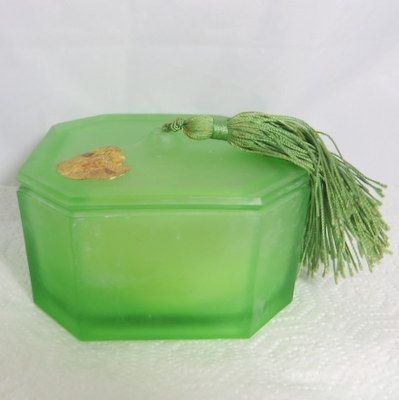 Vintage satin glass depression glass powder jar box with puff and tassel Vintage satin glass depression glass powder jar box with puff and tassel