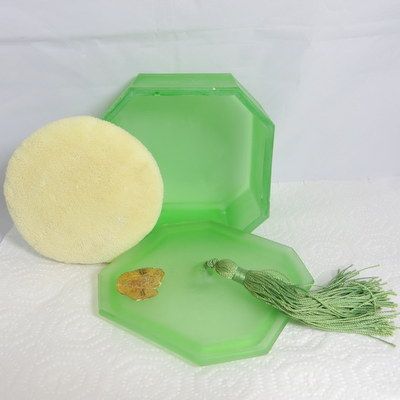 Vintage satin glass depression glass powder jar box with puff and tassel Vintage satin glass depression glass powder jar box with puff and tassel