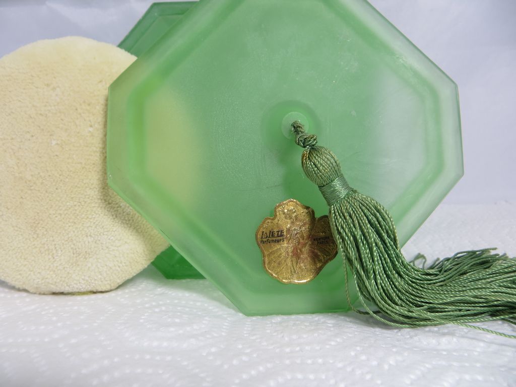 Vintage satin glass depression glass powder jar box with puff and tassel Vintage satin glass depression glass powder jar box with puff and tassel