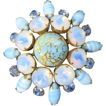 Vintage jewelry huge Moonstone cabochons blue rhinestones brooch Vintage jewelry huge Moonstone cabochons blue rhinestones brooch